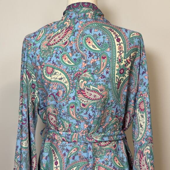 100% Silk Belted Kimono Robe W/ Bell Sleeves. Made In India. Vibrant Midi Blue - Picture 3 of 12